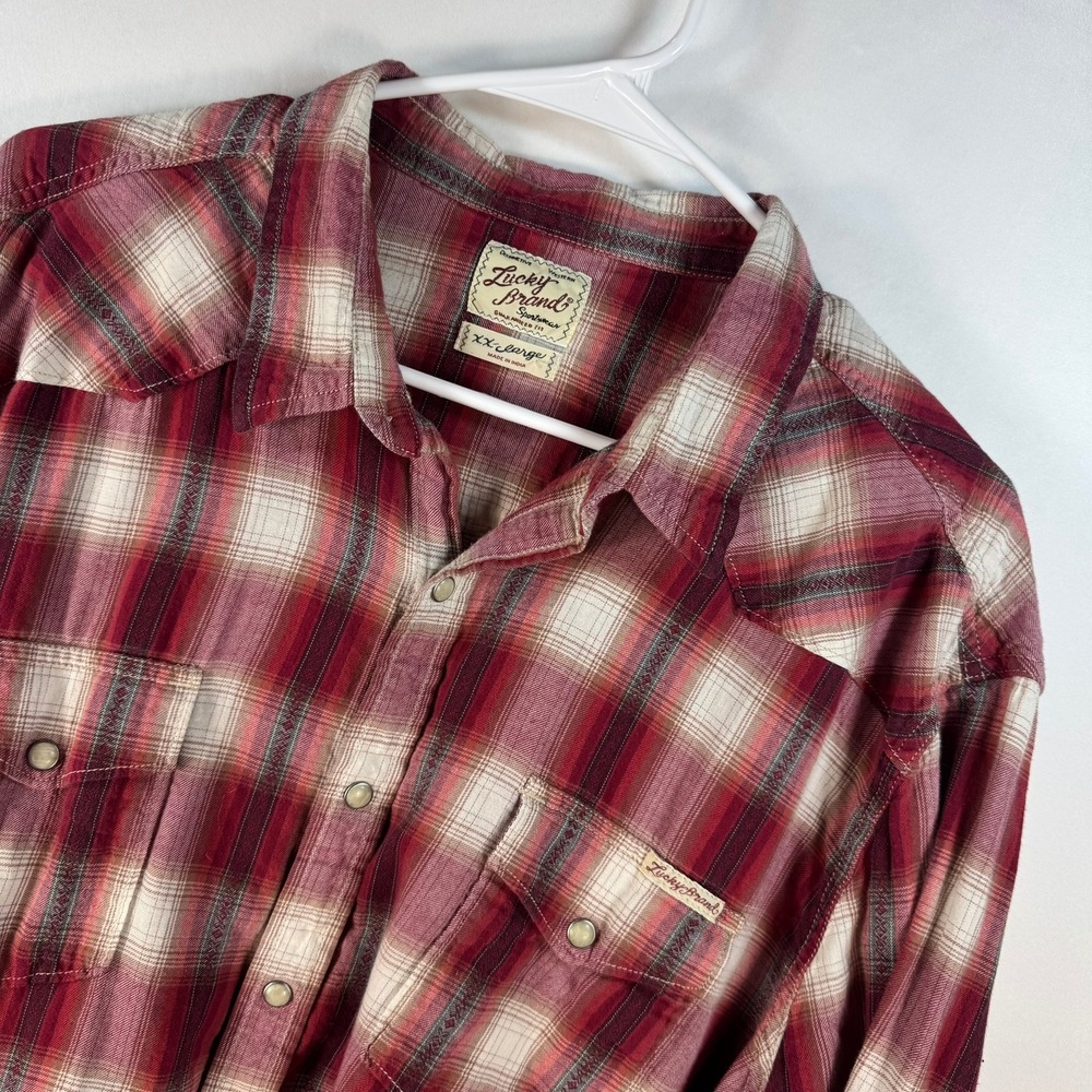 Lucky Brand Mens XXL Red Plaid Western Pearl Snap Long Sleeve Shirt Sportswear